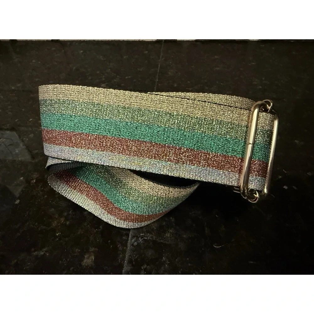 Authentic Pom Pom London Bag Purse Strap Brown Tan Green Gold Metallic‎ Stripe